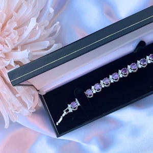 White Gold Plated Round-Cut Purple Amethyst Blossom Tennis Bracelet - Gemstone Jewelry, Perfect Gift, Purple Amethyst Infinity Bracelet
