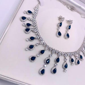 Blue Sapphire Pear Cut Waterfall Necklace and Earrings Set