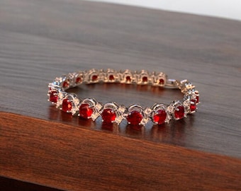 Red Ruby White Gold And Created Diamonds Bracelet - Gift for her, Bridal Gift, Christmas gift, Anniversary and Birthday Gift
