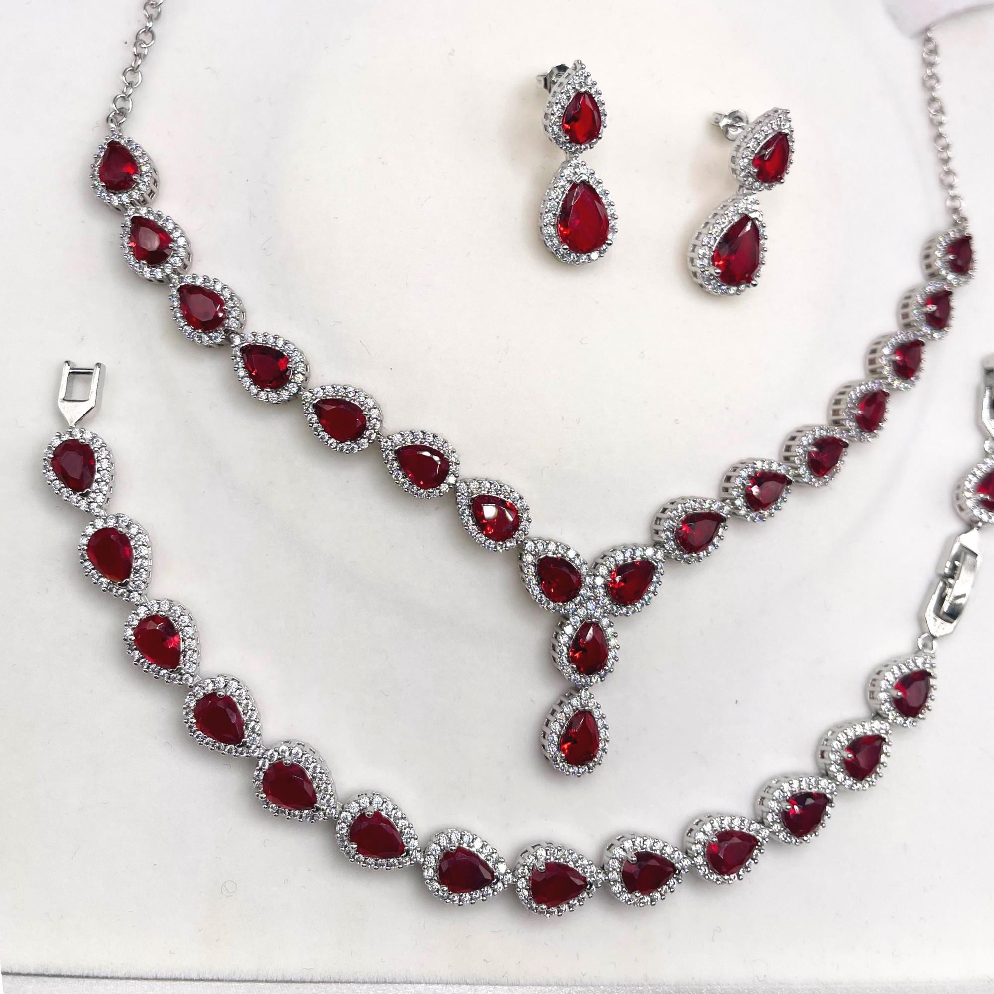 White Gold Finish Red Ruby Y Shape Created Diamond Necklace, Earrings and Bracelet Set Bridal Set Wedding Jewelry Gift for Her