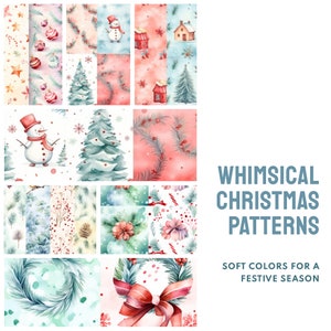 Puede incluir: Una colección de patrones navideños en acuarela en colores suaves. Los diseños incluyen muñecos de nieve, árboles de Navidad, adornos y follaje festivo. El texto dice "Whimsical Christmas Patterns" y "Soft Colors for a Festive Season".