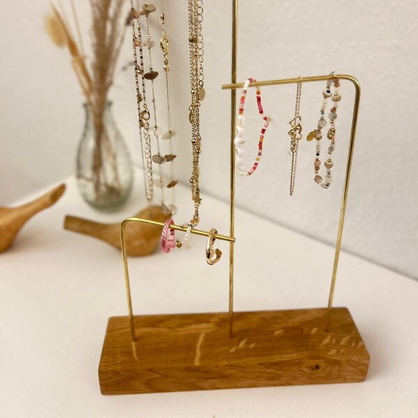 Jewelry stand, wood, jewelry storage, brass, gold