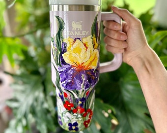 CUSTOM Iris Flowers Hand Painted Stanley Tumbler- 40 OZ