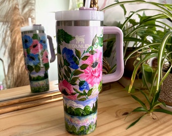 Stanley pintado a mano con motivos florales por todas partes - PEDIDO PERSONALIZADO