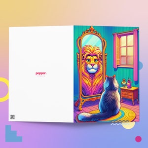 Cartão de felicitações de reflexão de gato para leão - Ilustração caprichosa de confiança felina - Cartão de incentivo exclusivo