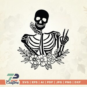 Esqueleto floral Signo de la paz Svg, Esqueleto humano Svg, Dedo medio Svg, esqueleto svg, Esqueleto con flores Svg, Signo de la paz Esqueleto Svg