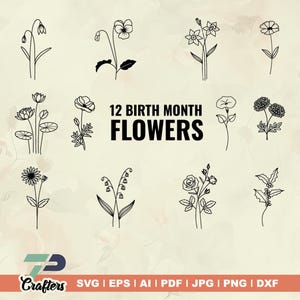 12 Birth month flowers svg, bundle tattoo minimal wildflower svg wildflowers flower svg, png, wedding birthday botanical png