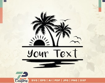 Palm Tree Split Frame SVG, Cut file for Cricut, Silhouette, Ocean Waves, Beach Monogram Frame, beach svg, Name Frame svg, Sunshine svg