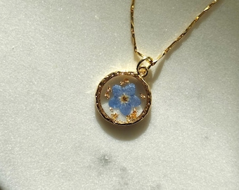 Forget-Me-Not Flower Pendant Necklace | Gold Plated, Pressed Floral Jewelry