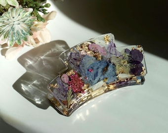 Violet Flowers Hair Claw Clip | Real Pressed Flower & Gold Foil Resin