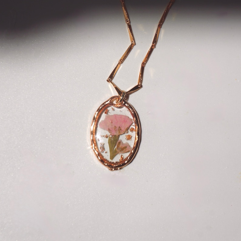 Birth Month Flower Necklace | Pressed Floral Pendant, Gold Stainless Steel Chain | Wedding Jewelry | Gift for her january (carnation)