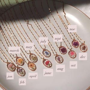 Birth Month Flower Necklace | Pressed Floral Pendant, Gold Stainless Steel Chain | Wedding Jewelry | Gift for her image 2