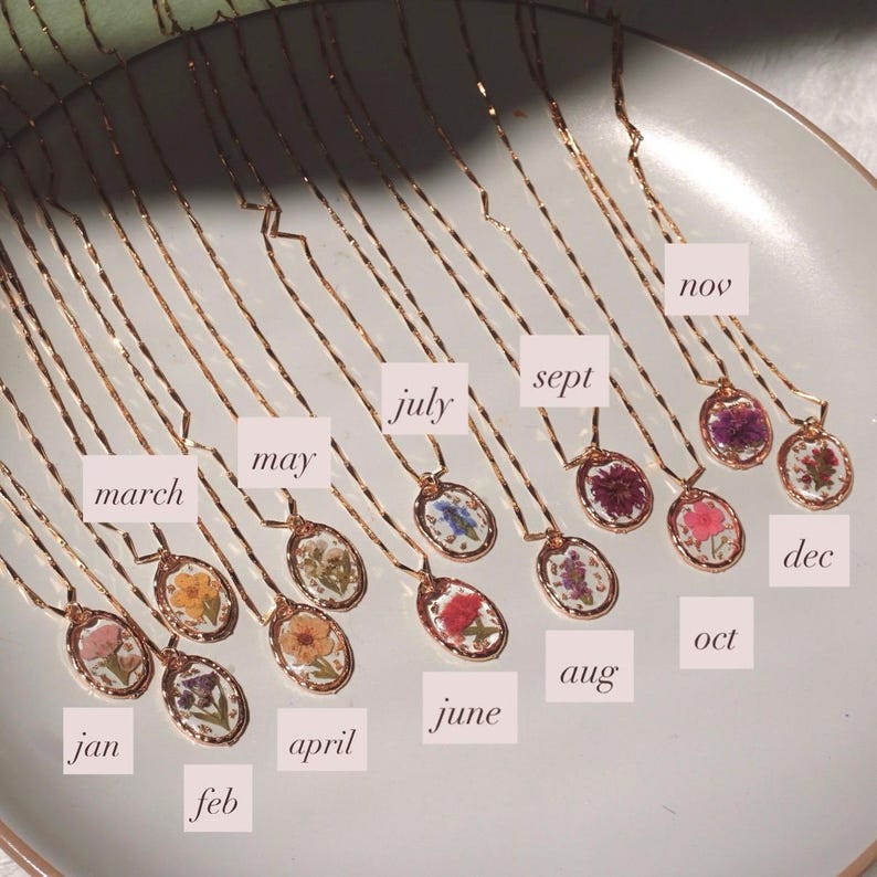 Birth Month Flower Necklace | Pressed Floral Pendant, Gold Stainless Steel Chain | Wedding Jewelry | Gift for her image 2
