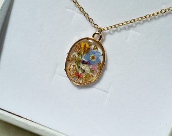 Pressed Wildflower Necklace | Real Floral Pendant, Gold Stainless Steel Chain, Cottage Core Jewelry