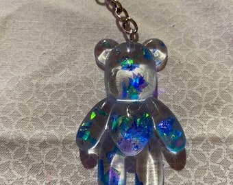 Porte-clés ours en peluche bleu métallisé