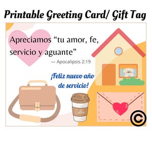 Cartão de felicitações para o Ano Novo de Serviço para impressão em espanhol JW | Pioneiro | Serviço especial de tempo integral | Cartão postal | Etiqueta para presente | CO | Feliz Ano Novo de Serviço