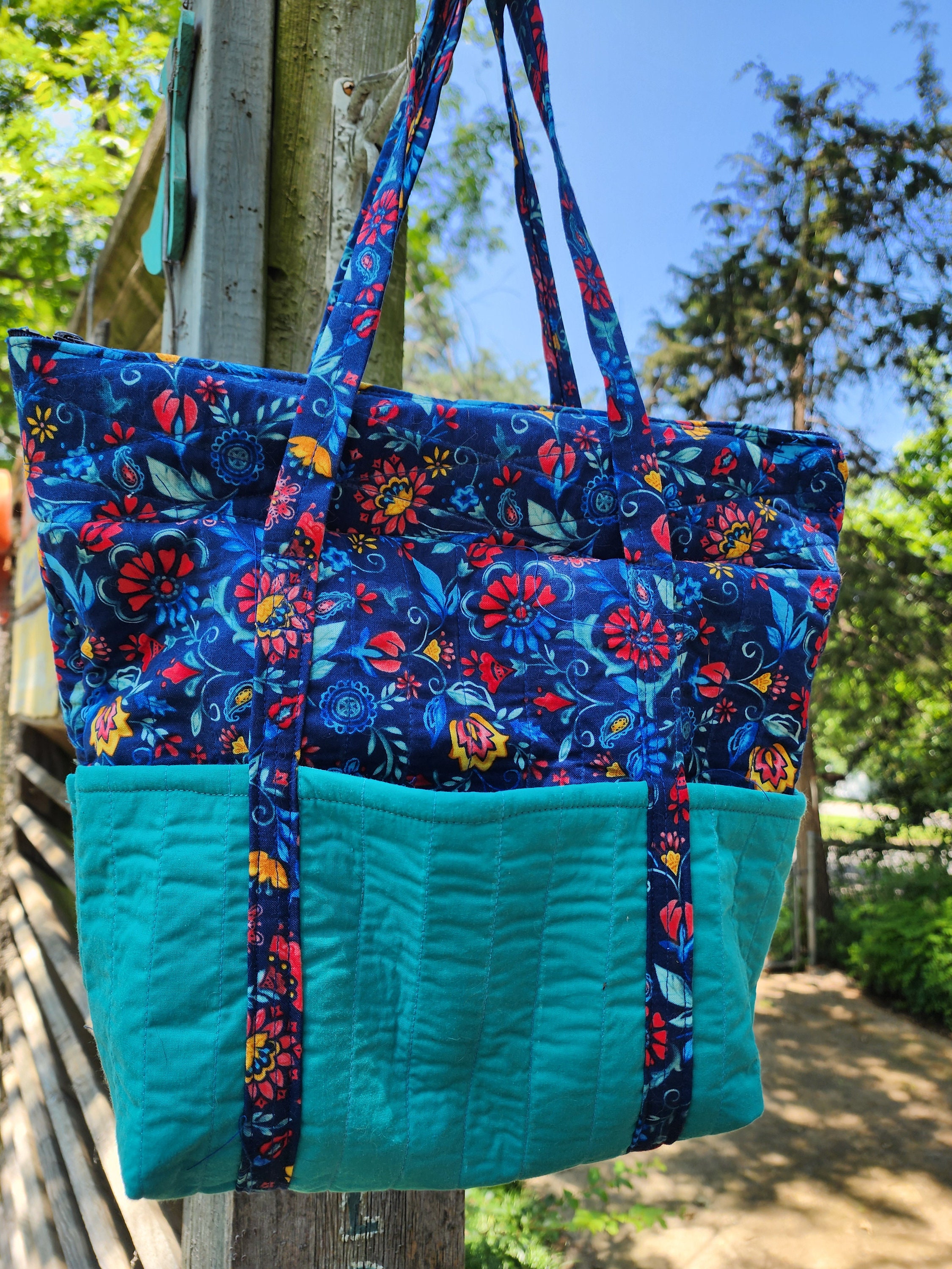 Handcrafted Quilted Tote Bag Dark Blue Floral Teal Fully Lined With Pockets Inside and Outside 14 X 12 Etsy