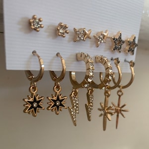 Set of 6pair gold earring, drop earring set, stud earring set,miniature star earring set, dainty everyday ear stack