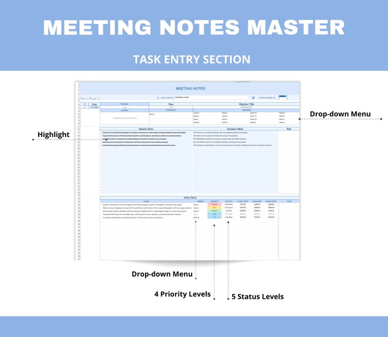 Task Priority & Assignment Log: Excel Template for Meeting Notes, Decision Tracking, and Team Collaboration