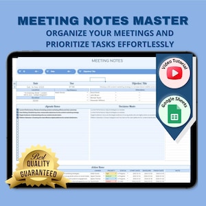 May include: A blue tablet screen displaying a meeting notes template with sections for date, time, objective, agenda items, decisions made, and action items. The template is titled "Meeting Notes Master" and includes a video tutorial and Google Sheets icon.