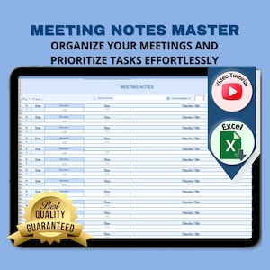 Op de afbeelding: Een tabletscherm dat een spreadsheet toont met de titel "Meeting Notes Master" en de tekst "Organiseer uw vergaderingen en prioriteer taken moeiteloos". De spreadsheet heeft kolommen voor "Datum", "Dia", "Duur", "Tijd" en "Doeltitel". Er zijn ook pictogrammen voor een videozelfstudie en een Excel-bestand.