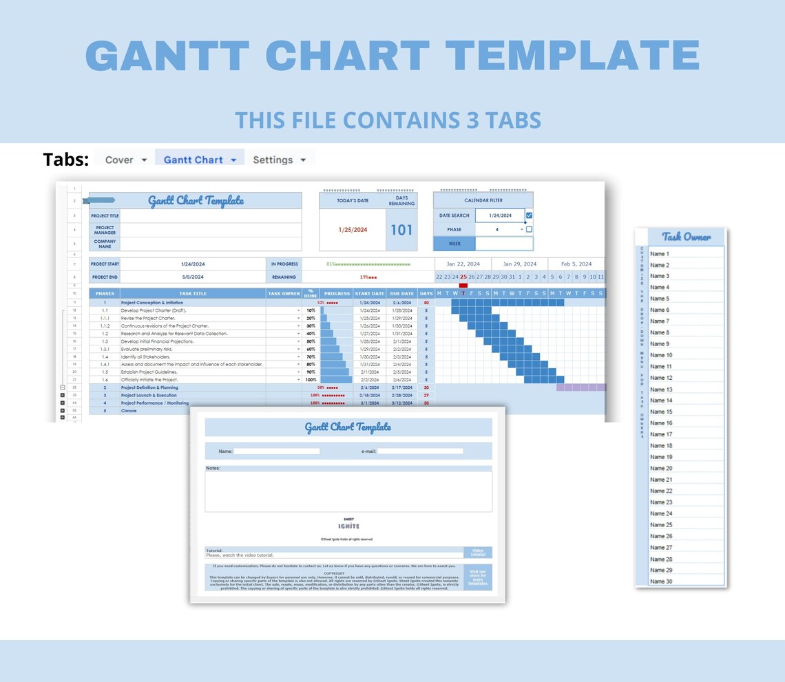 Comprehensive Gantt Chart Log Template Worksheet for Project Management ...