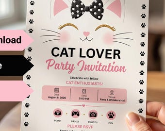 Cat Lover Party Invitation | Editable Cat Birthday Invite | Kitty Party Canva Template | Printable Digital Download