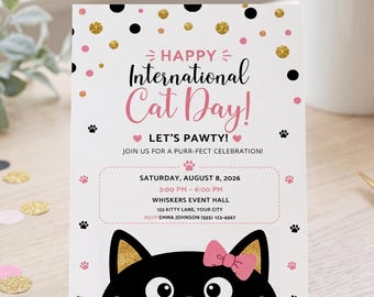 International Cat Day Invitation | Cat Lover Party Invite | Editable Kitty Canva Template | Printable Digital Download