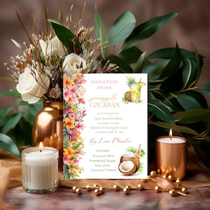 Modèle de signe de boisson signature de mariage tropical, signe de menu de bar à cocktails, modèle de signe de menu de bar de mariage de plage hawaïenne, buvons le bar
