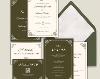 Old Money Olive Green Wedding Invitation Template | Elegant Monogram Wedding Suite | Luxury Vintage Invite | Canva Editable Printable