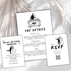 Lot de faire-part de mariage minimaliste avec code QR, faire-part de mariage moderne noir et blanc, modèle de toile, suite RSVP numérique, suite de modèles