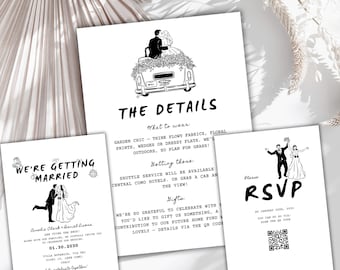Minimalist Wedding Invitation Bundle with QR Code, Black & White Modern Wedding Invite, Canva Template, Digital RSVP Suite, Template Suite