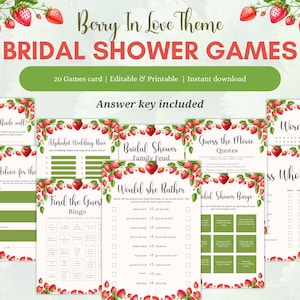 Berry In Love Bridal Shower Games, Strawberry Theme Bridal Game Cards, 20 Printable Games with Answer Key, Editable Canva Template