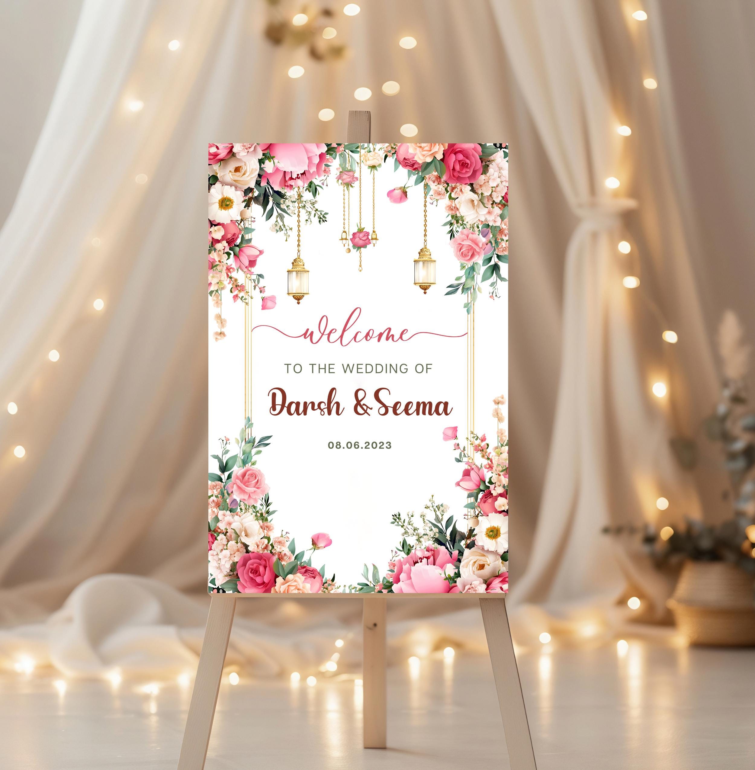 Indian Wedding Welcome Sign Template, Indian Wedding Decor, Pink Floral ...