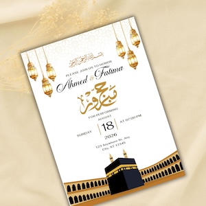 Hajj Einladungsvorlage, bearbeitbare Hajj Party einladen, Islamische Feier Digitaler Download, modernes Kaaba Design, Muslimische Ereignisansage