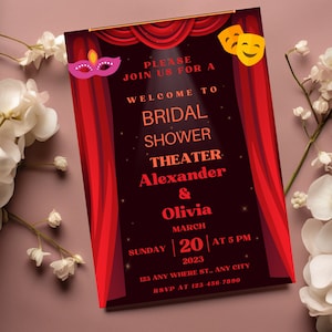 May include: A red and black bridal shower invitation with a theatre curtain design. The invitation reads "Please join us for a bridal shower theatre Alexander & Olivia, Sunday March 20, 2023 at 5 PM, 123 Any Where St., Any City, RSVP at 123-456-7890".