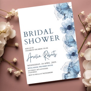 Dusty Blue Bridal Shower Invitation Template. Blue Floral Bridal Shower Invite Editable Invitation Watercolor Bridal Brunch Wildflower