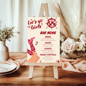 Modello di cartello per bar con cocktail da cowgirl, Andiamo ragazze, Menù di drink Disco Western, Cartello per addio al nubilato al rodeo