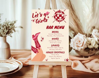 Cowgirl Cocktails Bar Sign Template, Lets Go Girls, Disco Western Drinks Menu, Rodeo Bachelorette Party Sign,