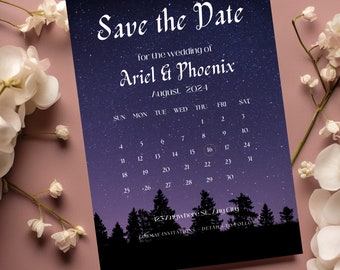 May include: A save the date card with a starry night sky background. The card features a calendar with the date August 16, 2024 circled. The text "Save the Date" is at the top of the card, followed by "for the wedding of Ariel & Phoenix". The bottom of the card has the text "123/nywhere St., Any City" and "Formal Invitations - Details to Follow."