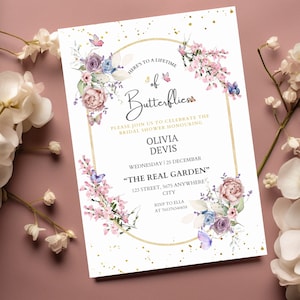 Lifetime of Butterflies Brautparty einladen bearbeitbare Wildblumen Schmetterling Vorlage Printable Gartenparty lädt Blumenparty ein