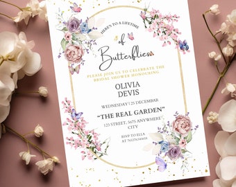 Invitación de despedida de soltera con diseño de mariposas, plantilla floral editable (descarga digital)