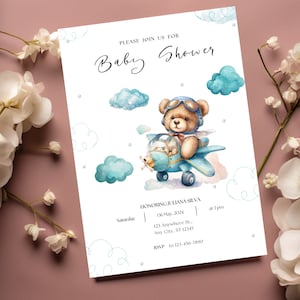 Bearbeitbarer Bär-Babyparty-Einladung Braunbär-Ballon-Babyparty-Einladung Teddy-Junge-Babyparty-Einladung Ballon-Baby-Dusche-blauer Junge