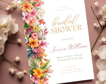 Sjabloon tropische uitnodiging vrijgezellenfeest, zomerse vrijgezellenfeest uitnodiging, Hawaiiaanse huwelijksdouche uitnodigen, uitnodiging roze hibiscus, DIY edita