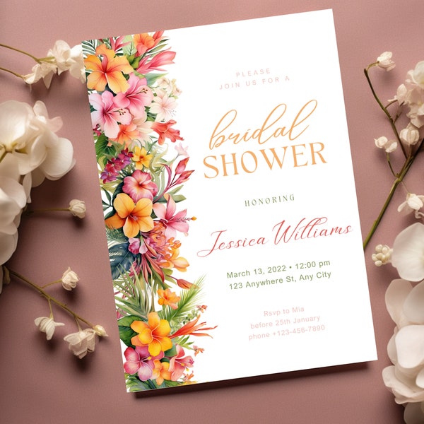 Tropical Bridal Shower Invitation Template, Summer Bridal Shower Invite, Hawaiian Wedding Shower Invite, Pink Hibiscus Invitation, DIY edita