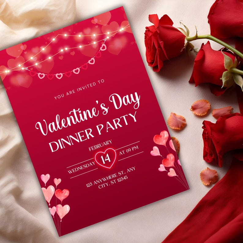 May include: A red Valentine's Day dinner party invitation with a heart-shaped design and the text "You are invited to Valentine's Day Dinner Party" with the date and time of the party.