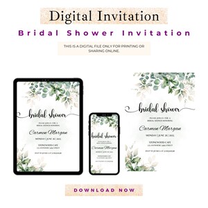 May include: Digital invitation for a bridal shower featuring a watercolor design of green leaves and white flowers. The invitation includes the text "bridal shower" and the name "Carmen Margan".