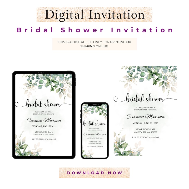May include: Digital invitation for a bridal shower featuring a watercolor design of green leaves and white flowers. The invitation includes the text "bridal shower" and the name "Carmen Margan".