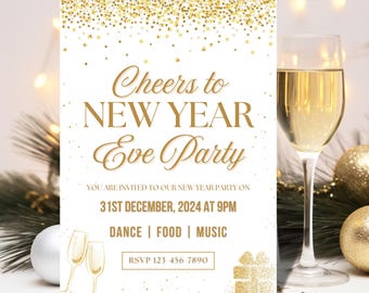 Könnte beinhalten: Eine Einladung zur Silvesterparty mit goldenem Text und Akzenten. Die Einladung lautet "Cheers to New Year Eve Party" und enthält Veranstaltungsdetails. Ein Sektglas und dekorative Elemente befinden sich im Hintergrund.