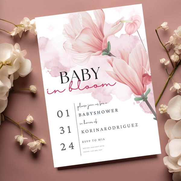 Editable Baby in Bloom Baby Shower Invitation Spring Flowers Baby Shower Invite Pink wild Flower Invite, Digital  Floral Baby Brunch